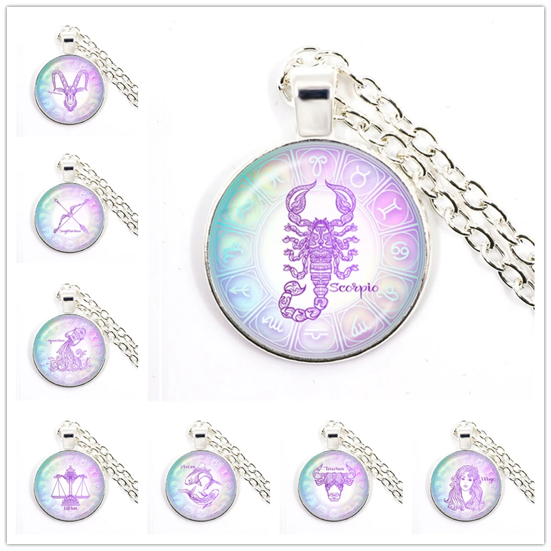 Hot Sale 12 Constellation Scorpio Sagittarius Capricorn Aquarius Pendant Sliver Color Necklace Glass Zodiac Jewelry Female Gift