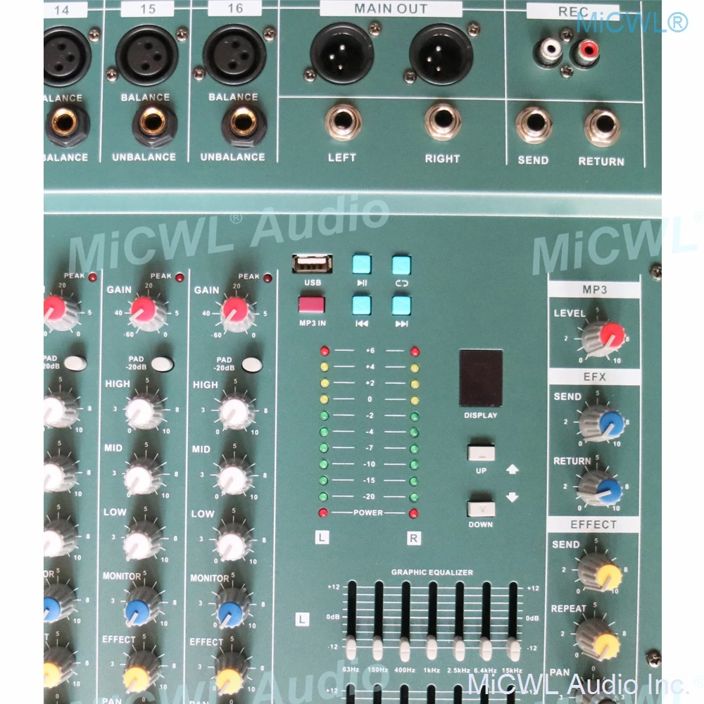 MiCWL-16 채널 오디오 믹서 레코드 믹싱 콘솔, USB, DSP 효과, 전문 USB, 48V 스테레오, EQ