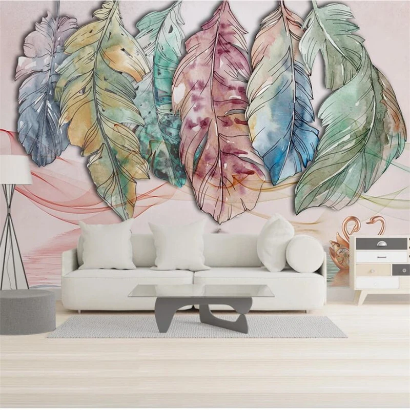 wellyu Customized large mural Nordic minimalistic abstract watercolor feather line swan art background wall wallpaper