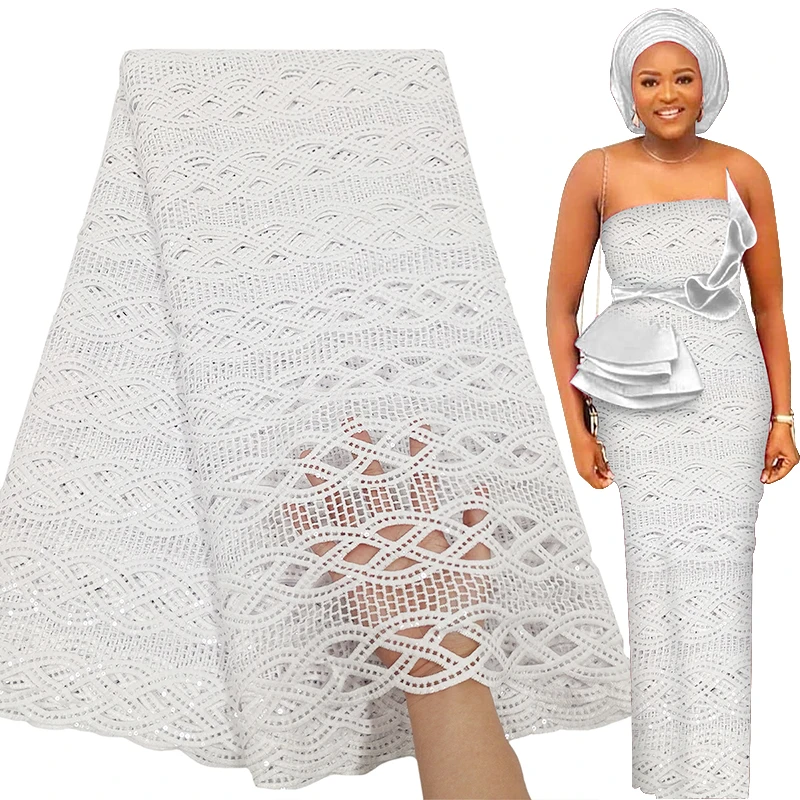 Bestway Fabric Pure White African Water Soluble Cord Lace High Quality Sequin Embroidery Wedding Outfit Nigerian Asoebi Style