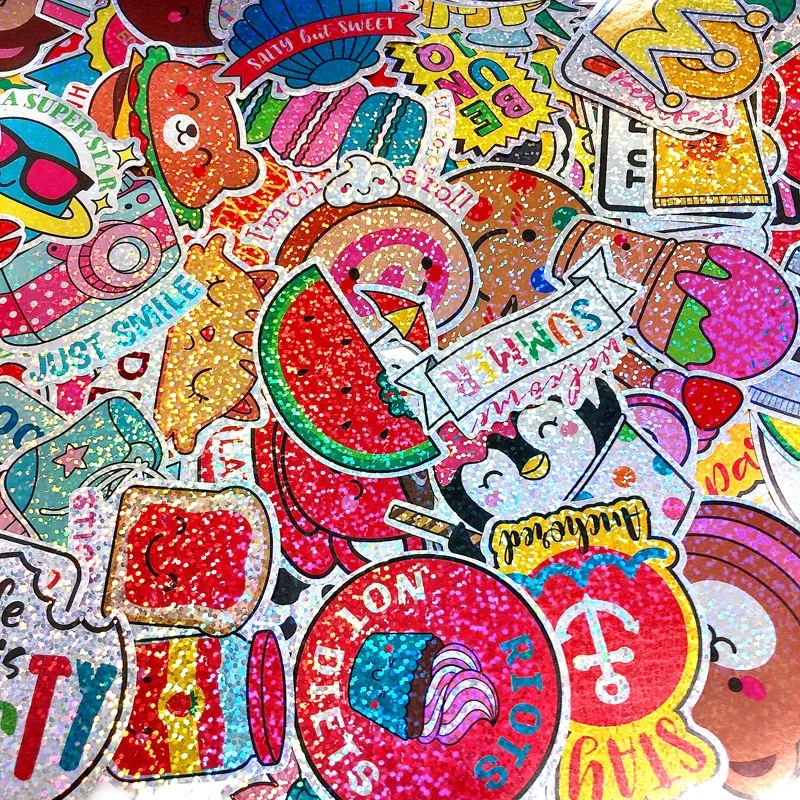 5 Sets=500PCS Laser Colorful Small Fresh Cartoon Computer Skateboard Waterproof Stickers