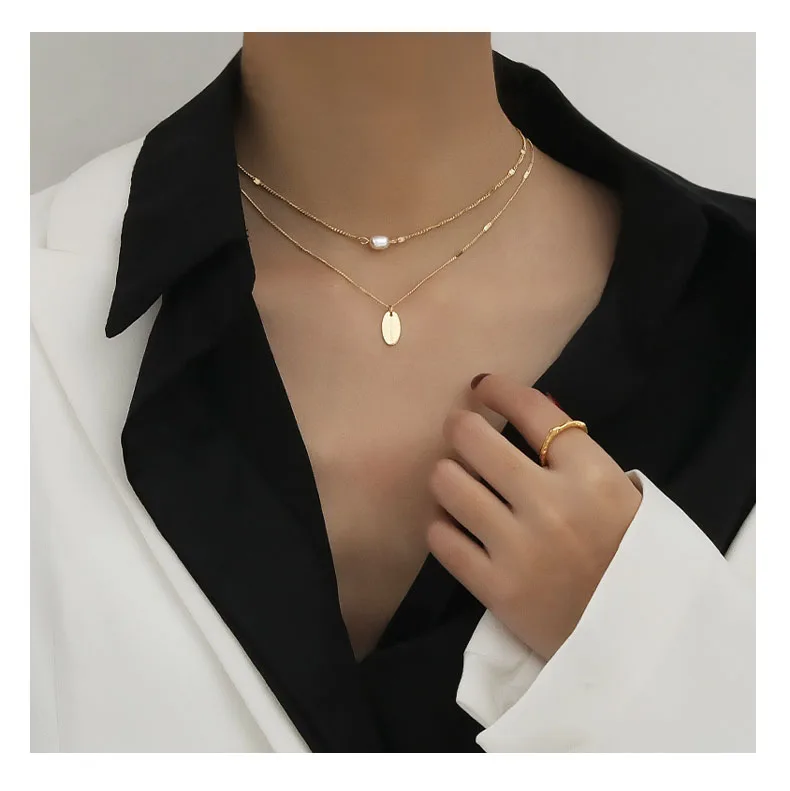 

Titanium With 14K Gold Layered Chain Real Pearl Necklace Women Jewelry Designer T Show Runway Gown Rare INS Japan Korean