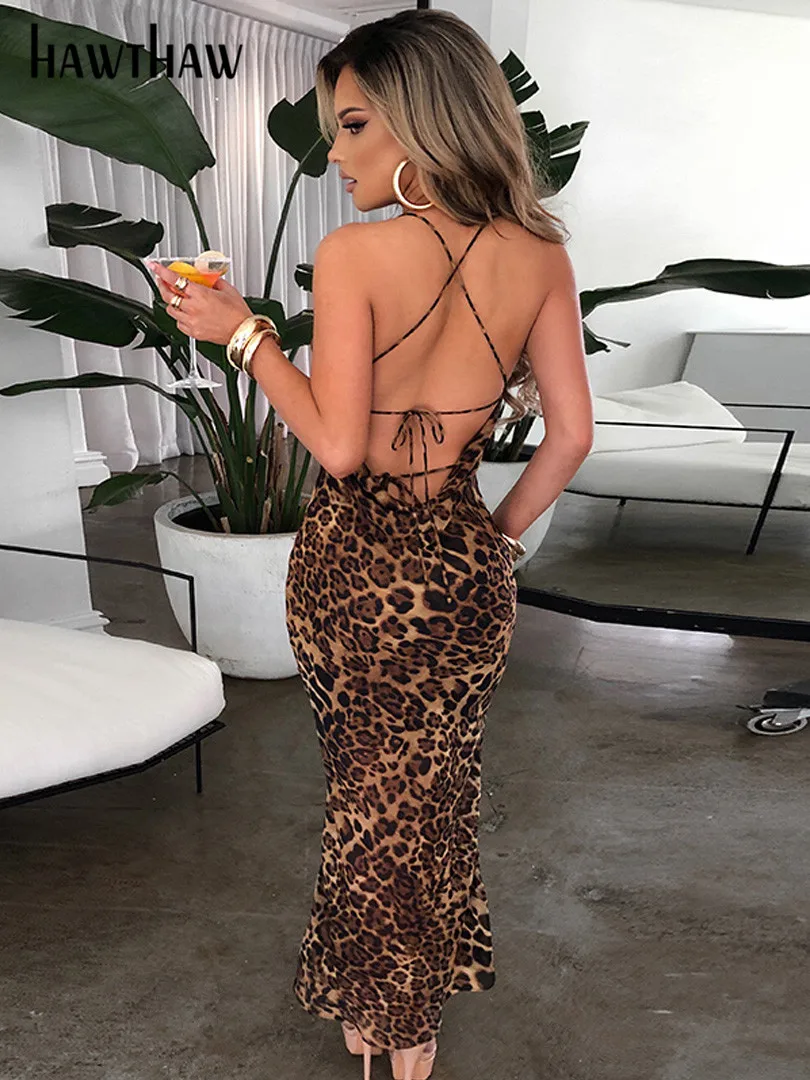 Hawthaw Women Autumn Winter Sleeveless Leopard Printed Bodycon Long Straps Dress Streetwear 2021 Fall Clothes Wholesale Items