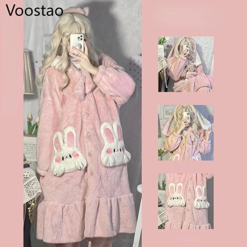 

Autumn Winter Women Sweet Lolita Coral Fleece Pajamas Dress Cute Cartoon Rabbit Ears Hooded Homewear Robes Girls Plush Nightgown