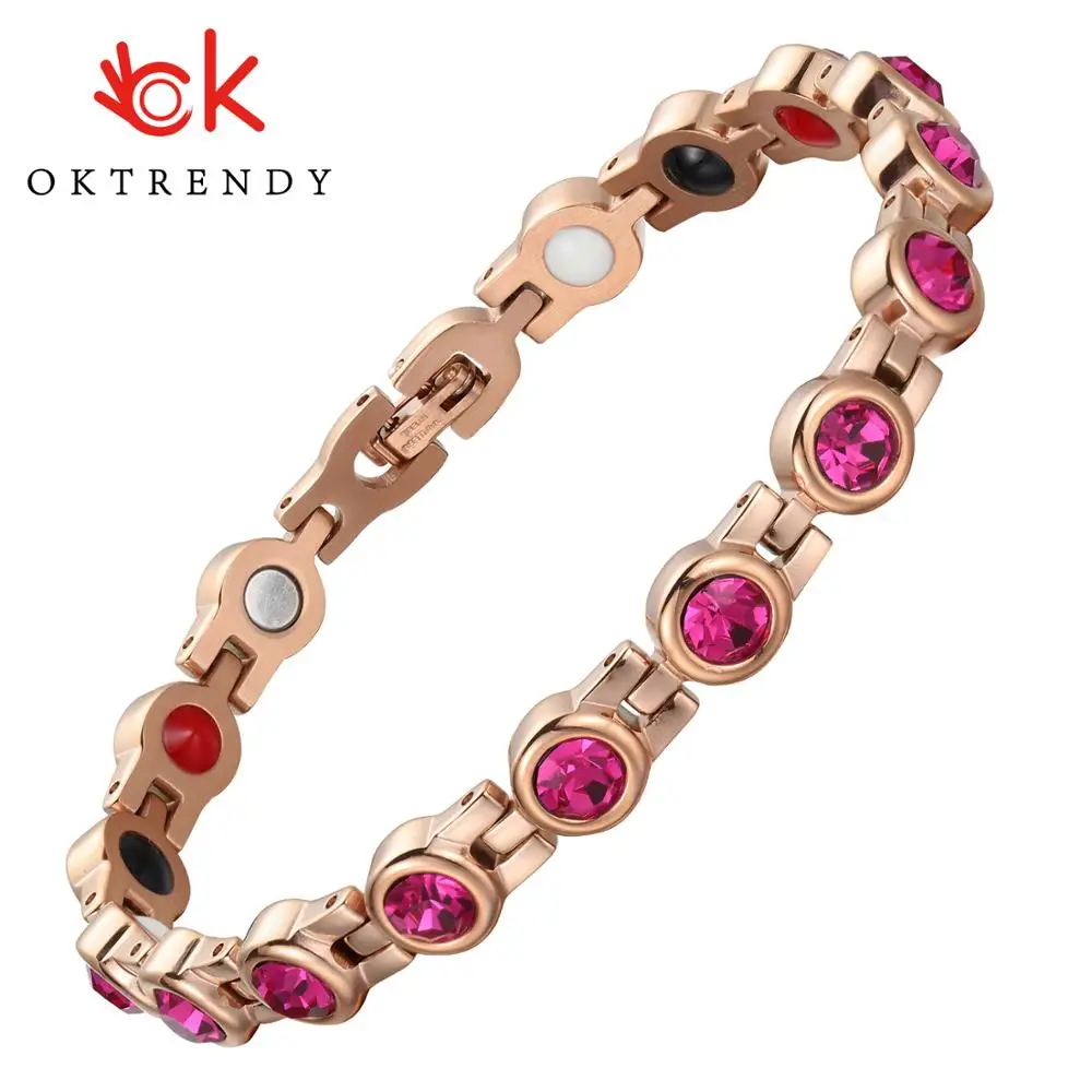 Ladies Crystal Rhinestone Pink Bracelets & Bangles Healthy Care Stainless Steel Magnetic Chain Link Bracelet Jewelry Party Gifts