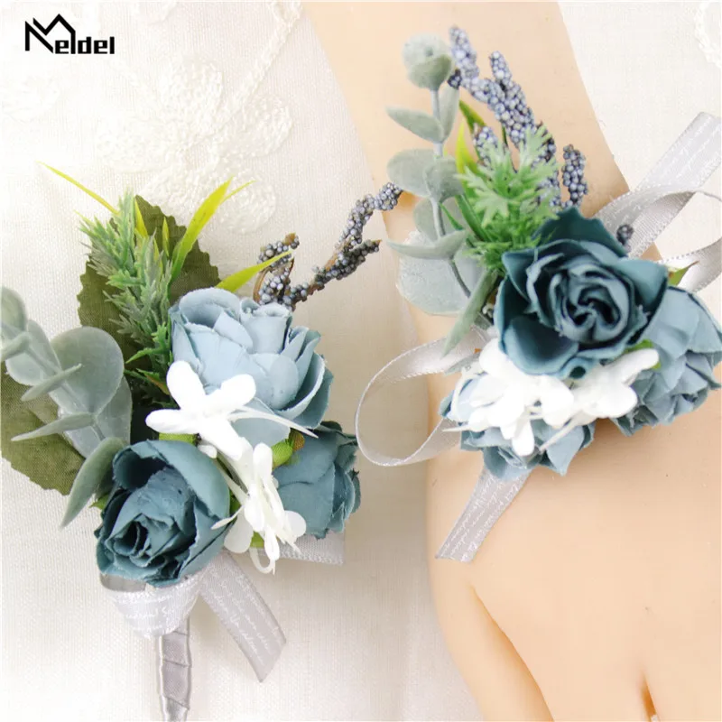 Meldel Silk Flowers Boutonnieres for Groomsmen Flower Wedding Wrist Bracelet for Bridesmaids Marriage Prom Brooch Corsage Pins