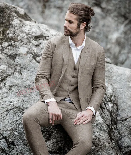 

2023 Classic Summer Men's Suit Grey Beach Linen Wedding Suits for Men Groom Tuxedo 3 pieces Casual Mens Suits Jacket Pants Vest