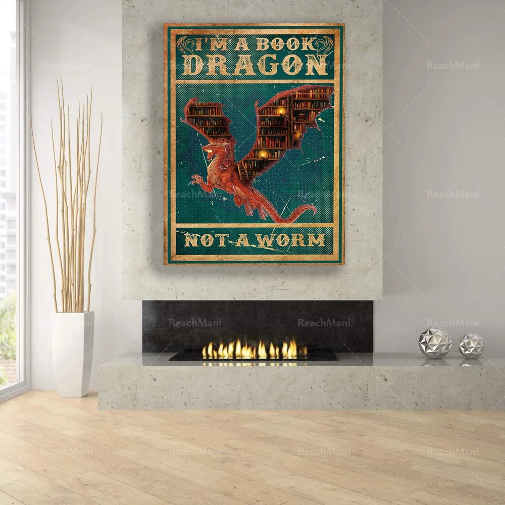 أنا تنين كتاب، ليس دودة، ملصق عاشق الكتب، فن جدار الطالب الذي يذاكر كثيرا، فن قماش القزم للديكور المنزلي، هدية لمحبي الكتب