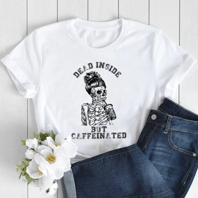 

Dead Inside But Caffeinated T-shirt Spooky Women Coffee Skeleton Graphic Tee Shirt Top Funny Mom Life Gift Tshirt