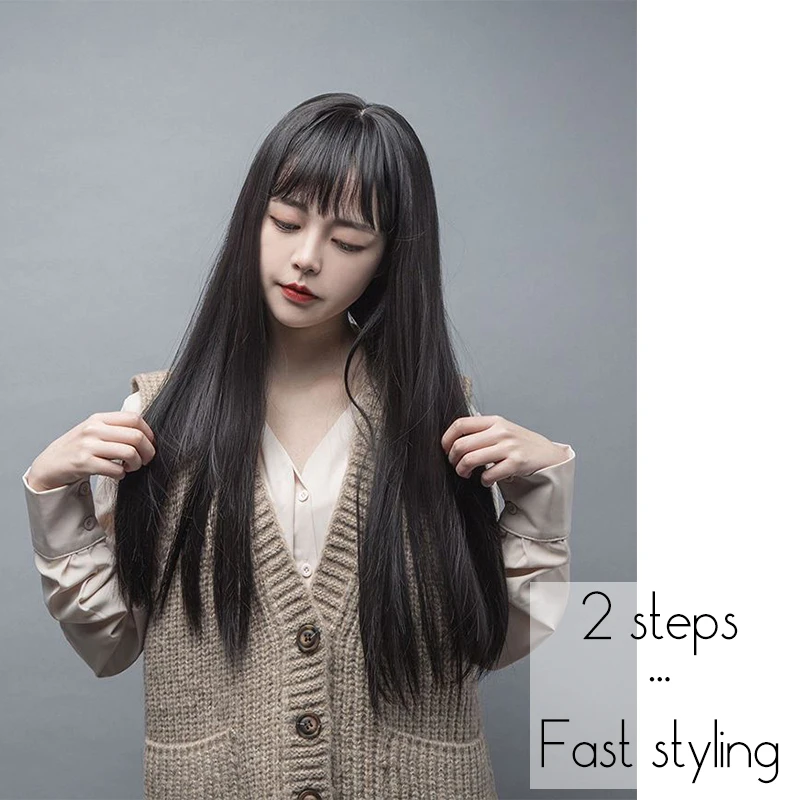 Synthetic Topper for Women 60 cm Straight Natural hair color Hair extensions Neat Bangs fringe Cilp-on hair Head coverer