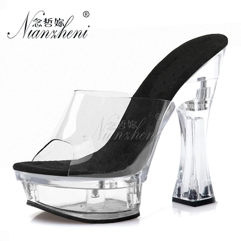 

14CM High heeled shoes Spool heels Clear Crystal Concise Novelty Womens Slippers 6 inches Thick platform All match Party Wedding