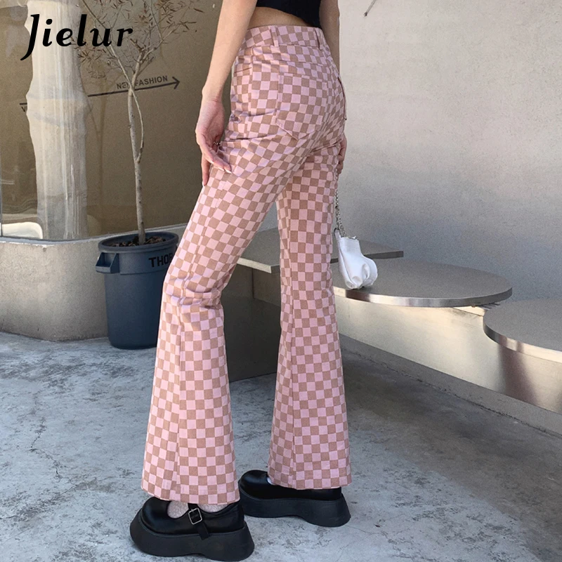 Jielur Slim Plaid High-waisted Straight Pants for Women Casual Pink Flare Pant Female 2021 Summer Streetwear Women\'s Trousers