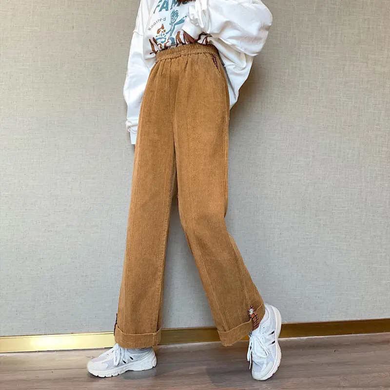 Wide Leg Pants Women Baggy Corduroy Preppy Plaid Cuffs High Waist Leisure Trousers Female Fall Winter Thick ThickeningStudents