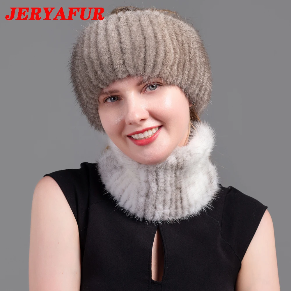 JINBAOSEN Ladies Winter Knitted Leather Straw Hat Real Mink Scarf Hat Stretch Luxury Mink Empty Top Hat