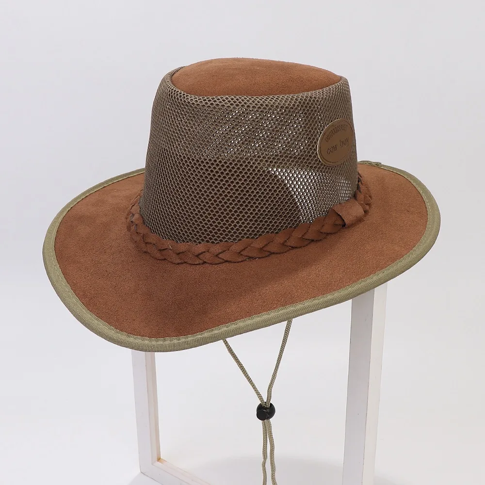 Summer Man Cowboy Hats Casual Style Suede Breathable Mesh Labeling Decoration Large Brim Sunshade Outdoor Travel Cool Caps