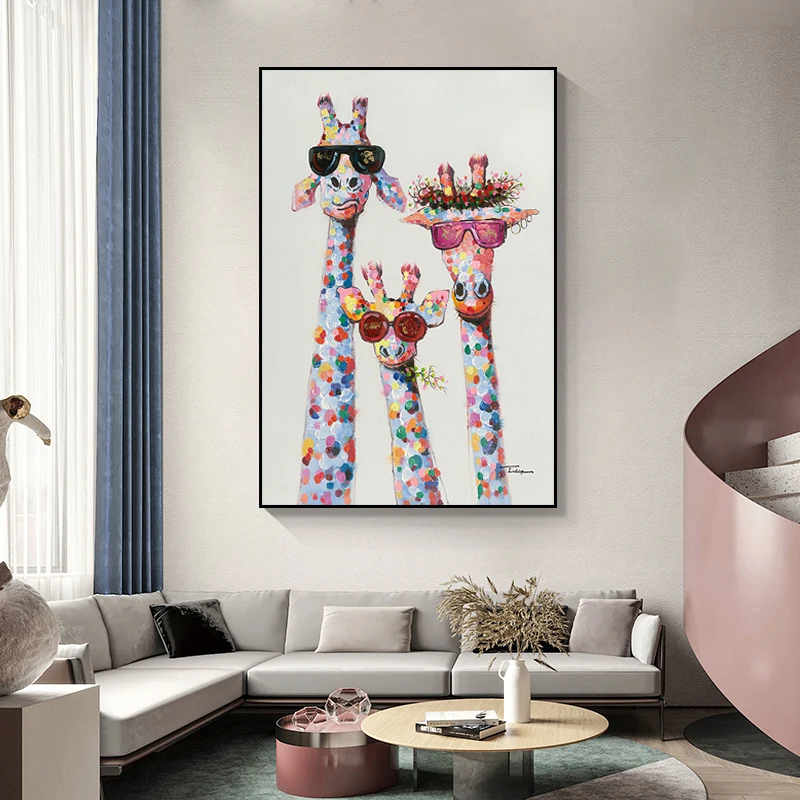 

Cool Giraffe Family Canvas Painting Wall Art Prints Poster Animal Painting Colorful Modern Picture Decoration for Home Bedroom