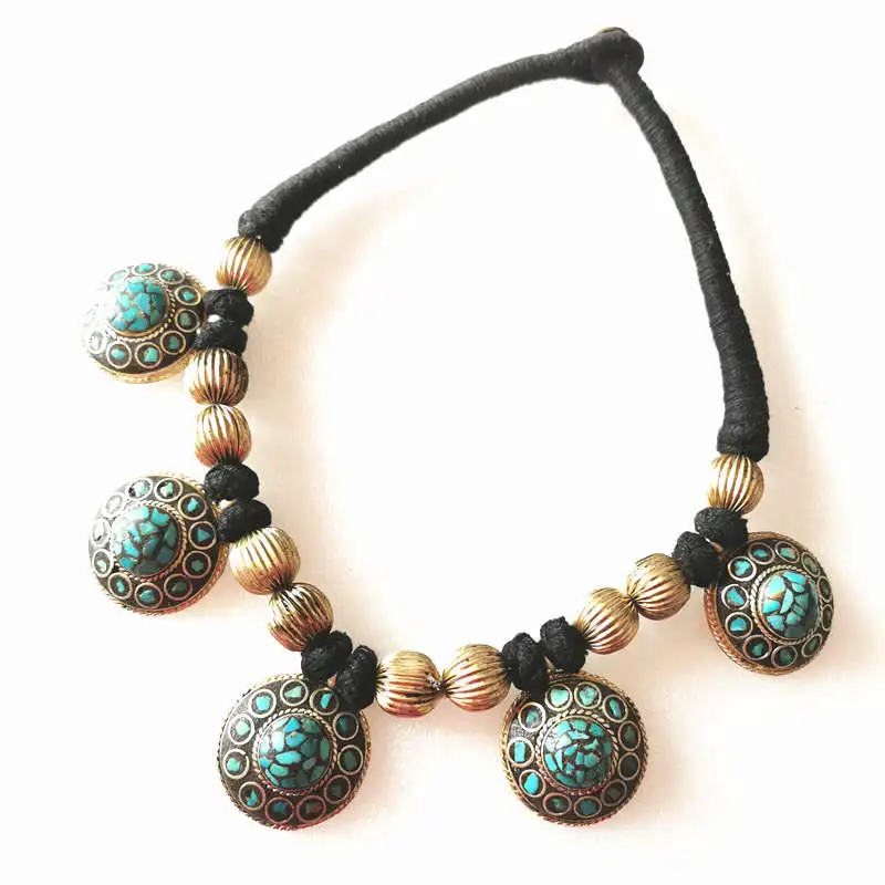 Tibetan Necklace Brass Inlaid Ching Stone Multi Statement Necklace TNL299