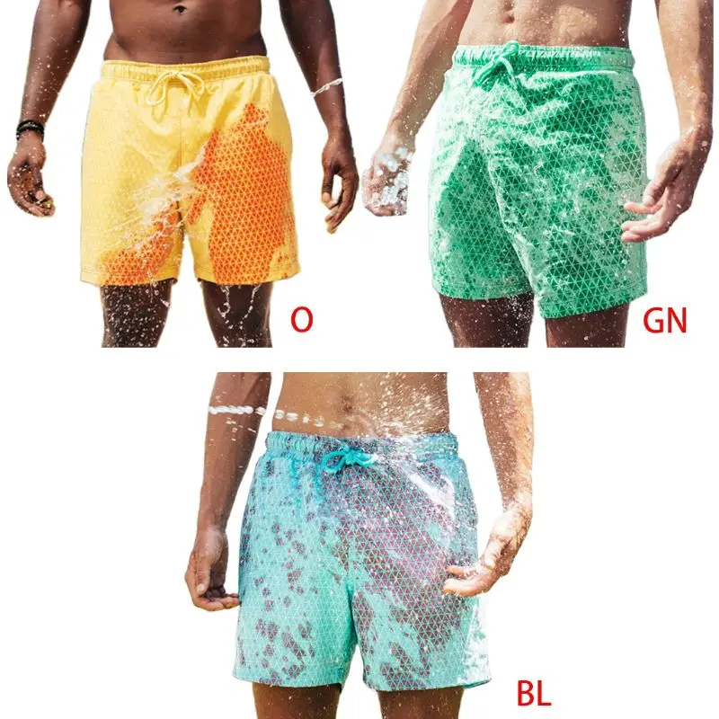 Men Magic Color Changing Swim Trunks Water Discoloration Surf Beach Board Rhombus Plaid Shorts Quick Dry Sport Pants