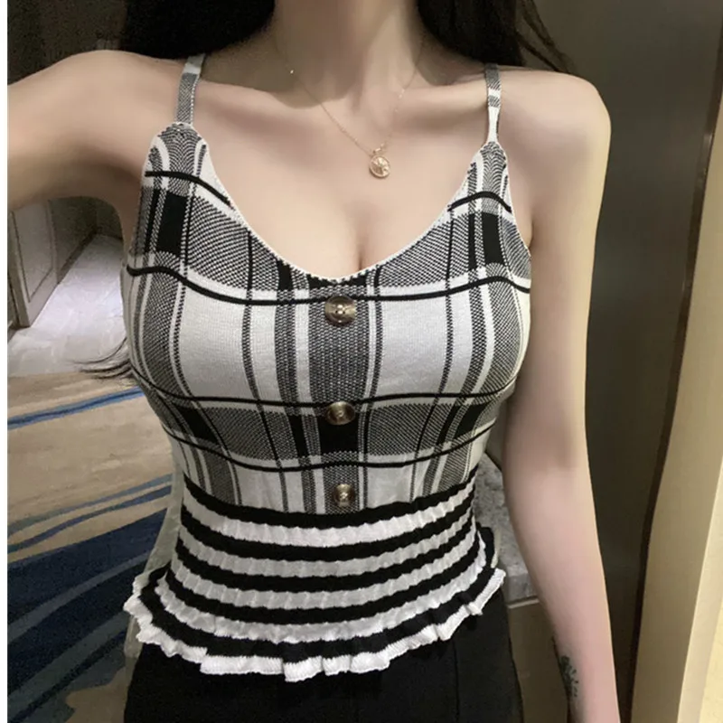

Women Knitting Ruffles Plaid Buttons Cropped Camisole Tops Girls Knitted Sweet Chic Tee shirts Camis Crop Top for Female