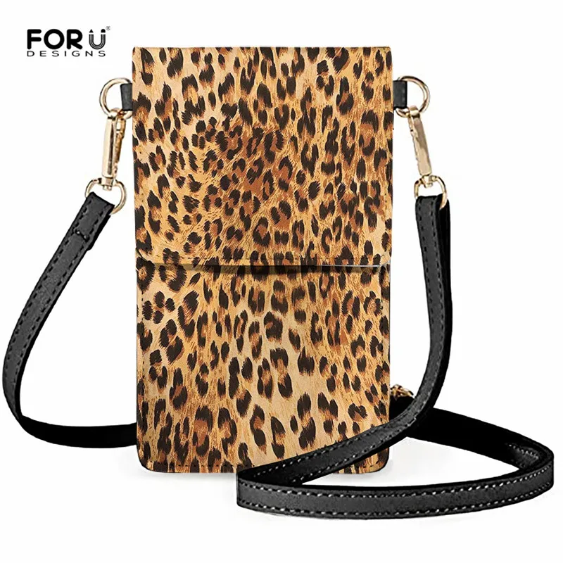 FORUDESIGNS Portable Phone Purse Leather Mini Crossbody Bag Leopard Pattern Multifunctional Touch Screen Mobile Phone Bag