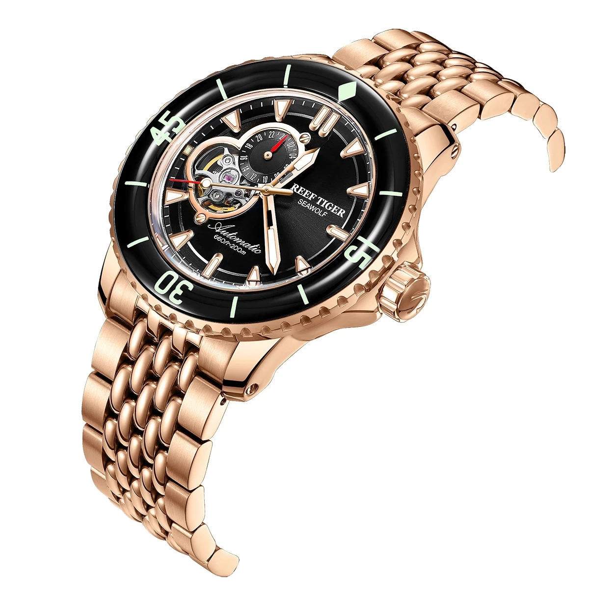 Reef Tiger/RT Luxury Dive Watch For Men Rose Gold Bracelet Automatic Watches Luminous Watch Waterproof 200m Mechanical Watches