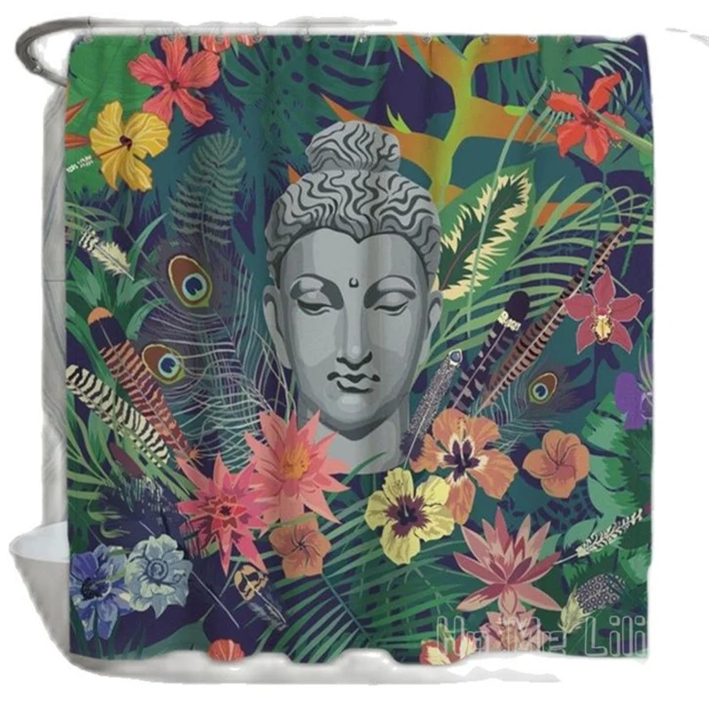 

Buddha By Ho Me Lili Shower Curtains With Flowers Green Pink And Grey Tropical Leaf Waterproof Fabric Home Decor