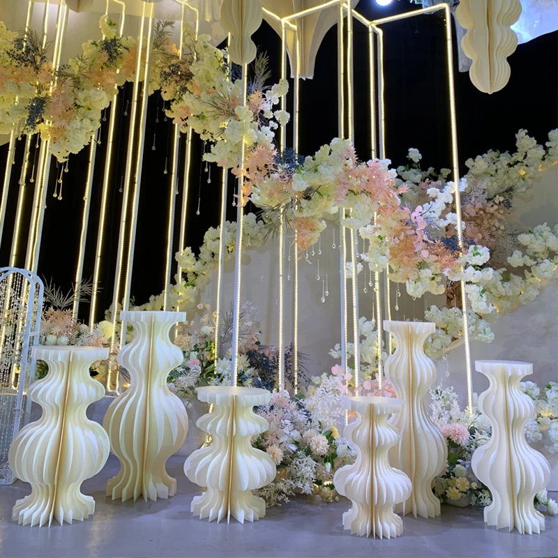 

Elegant White Theme Wedding Decoration Centerpieces Paper Roman Column Folding Curve Design Cake Dessert Table Rack