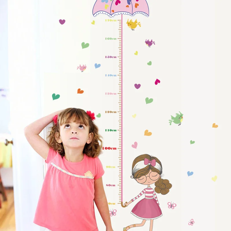 Lovely cartoon measurement height wall stickers umbrella For girls bedroom flower butterfly bird heart decor diy wallpaper decal