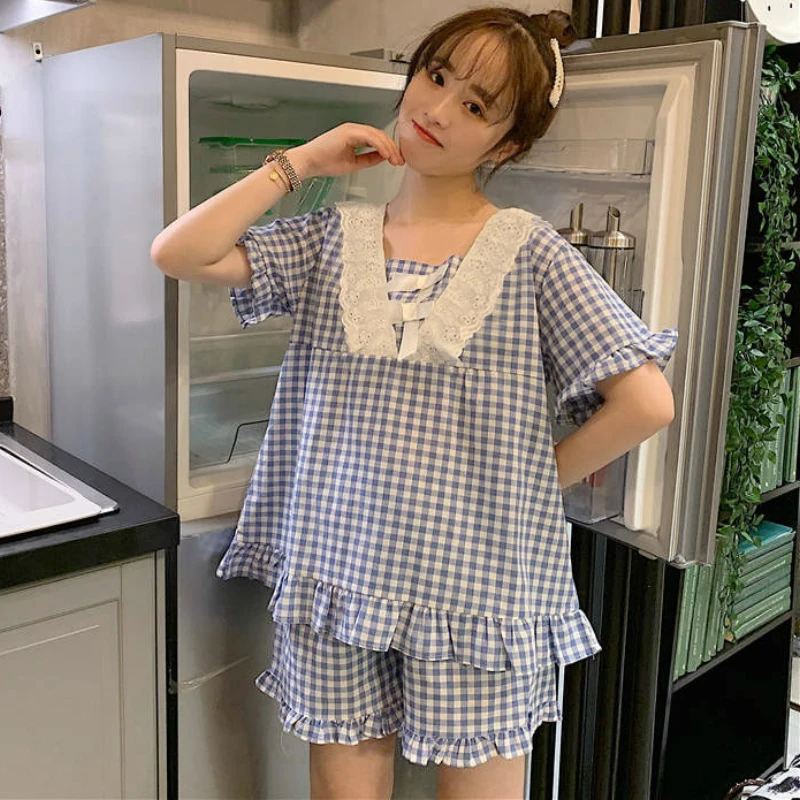 Pajama Sets Women Homewear Cotton Plaid Lace Bowknot Short Patchwork Kawaii Womens Cute Lolita Style 2 Piece 2020 Pajamas New