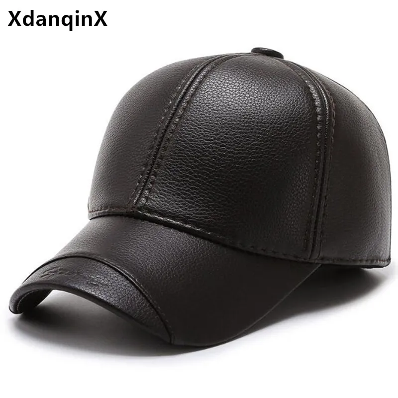 

XdanqinX New Winter Men's PU Leather Baseball Cap Warm Hat gorras Fashion Sports Caps For Men Thick Earmuffs Hat casquette homme