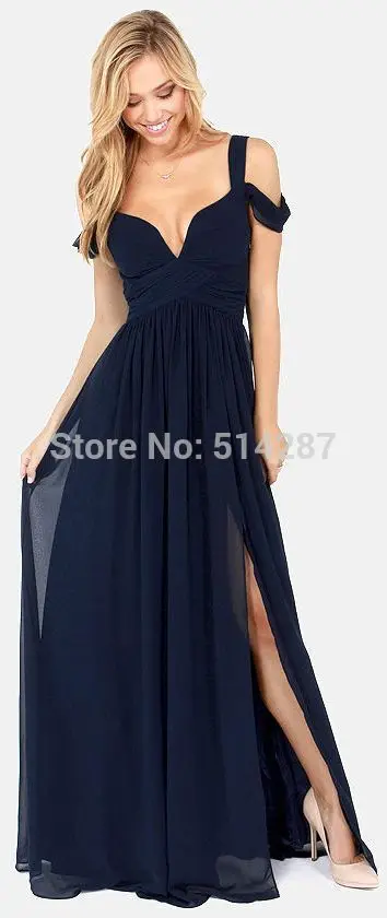 Vestidos De Fiesta เซ็กซี่ A-Line V-Neck Ruffles ชีฟอง Backless สำเร็จการศึกษาพรหมน้ำเงินใหม่ Homecoming