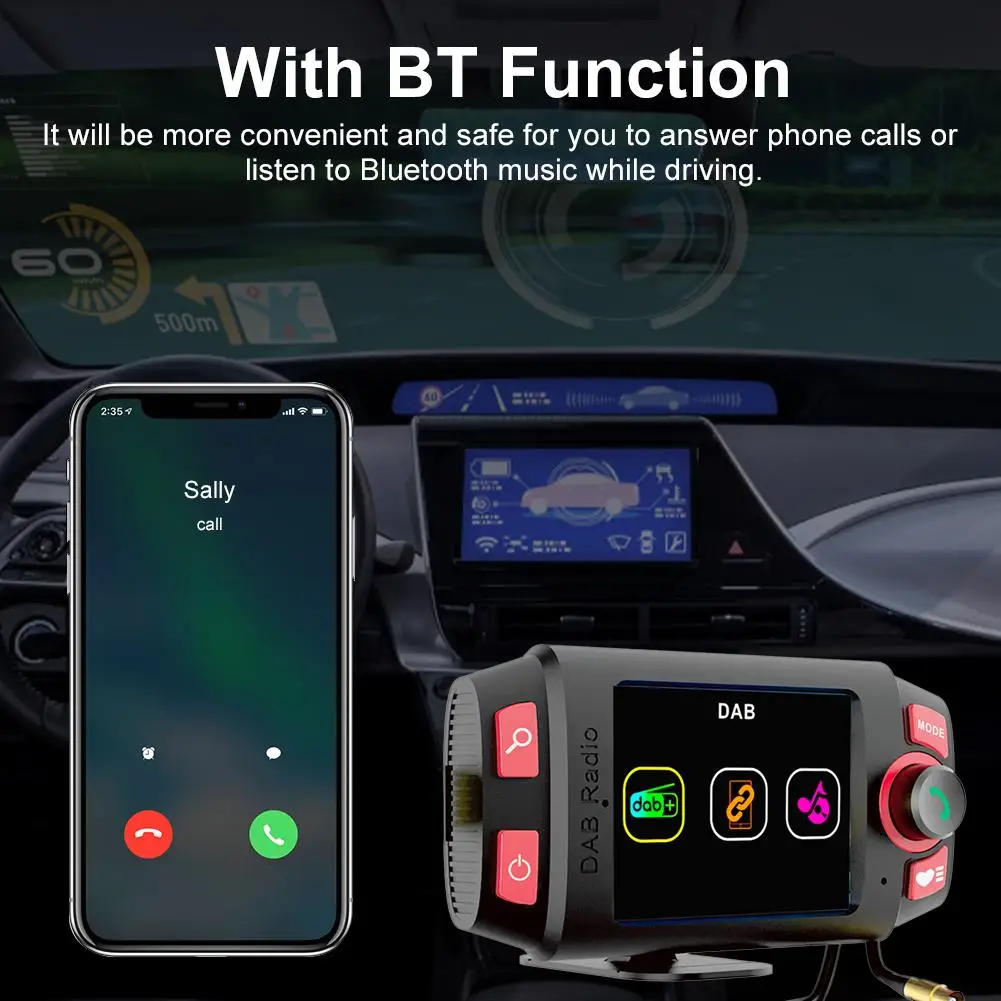 Car DAB+/DAB Radio Adapter Car FM Transmitter with 2.4 Inch Display and Bluetooth Car Mount MP3 Player