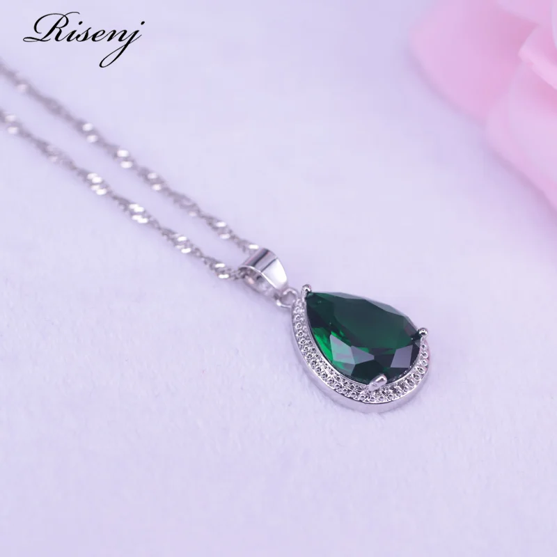 Russian Hot Sale Style Big Water Drop Square Green Stone Silver 925 Jewelry For Women Ring Necklace Earring Set