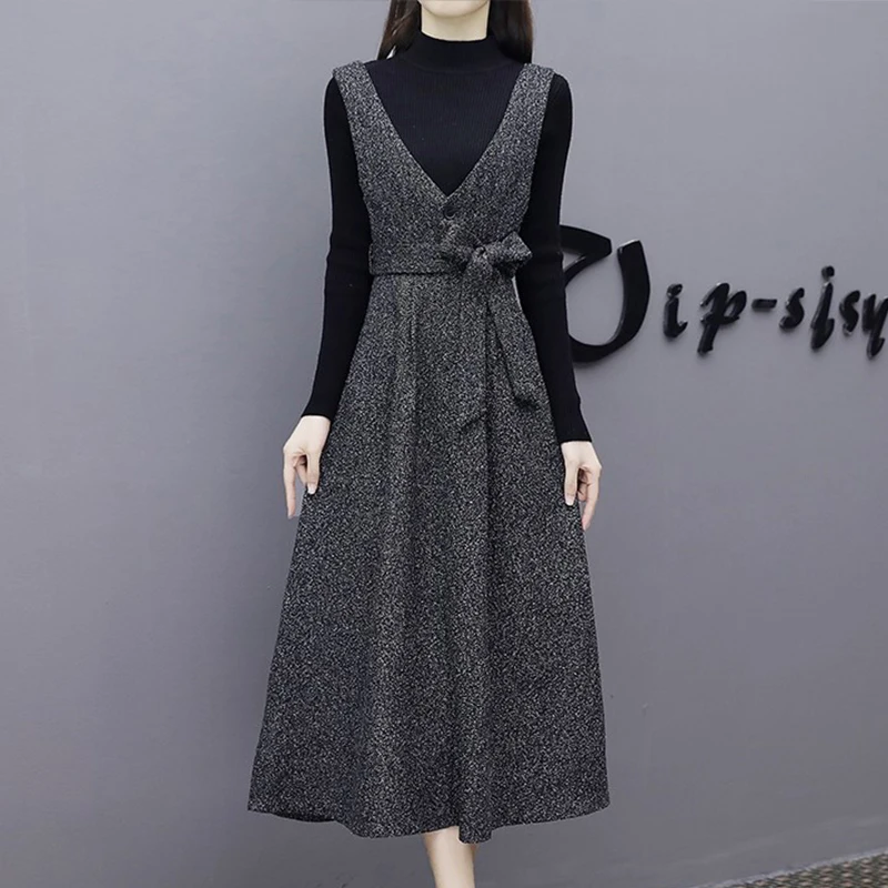 

2023New Autumn Winter Long Two-Piece Suit Dresses Women's Female Fashion 5XL Slim Bottoming Dress + Knitt Sweater Female Clothes