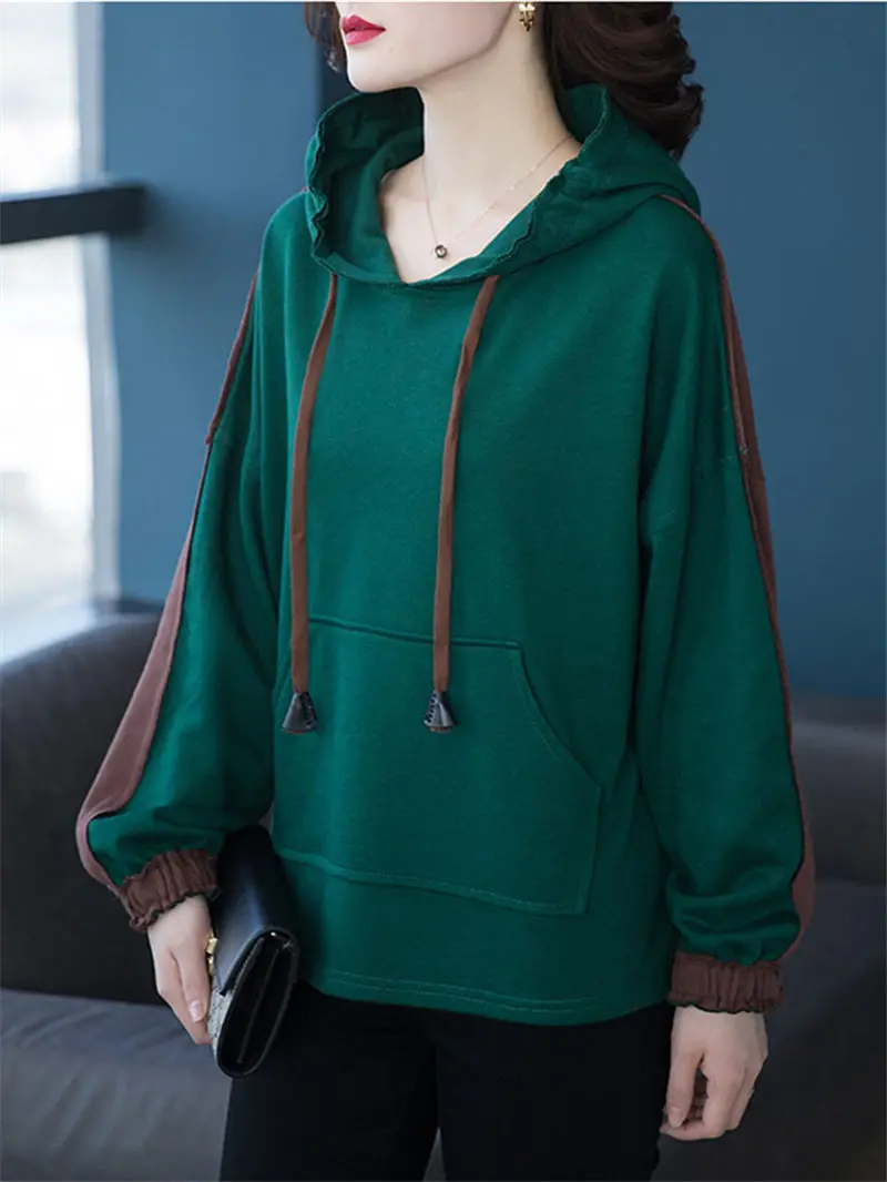 봄 가을 Hoodies 여성 의류 한국어 5XL 느슨한 긴 소매 후드 스티칭 운동복 포켓 캐주얼 탑 여성 e504