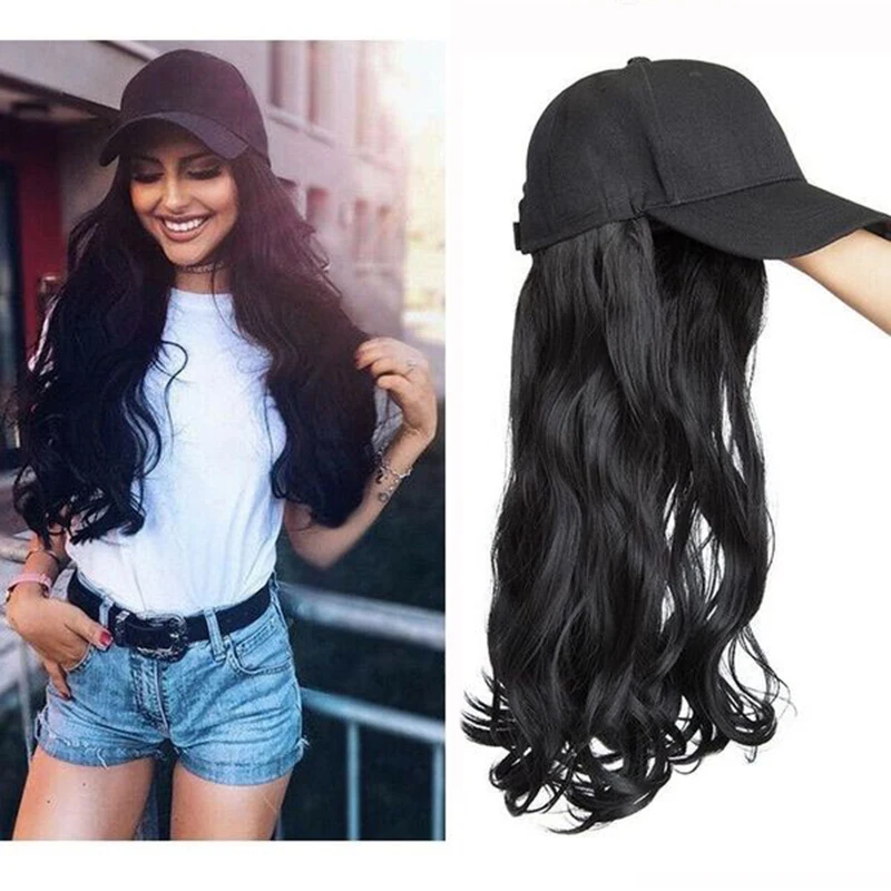 Baseball Cap Wig Adjustable Synthetic Long Wavy Wig with Cap for Women Black / Brown High Temperature Fiber Wigs for Party