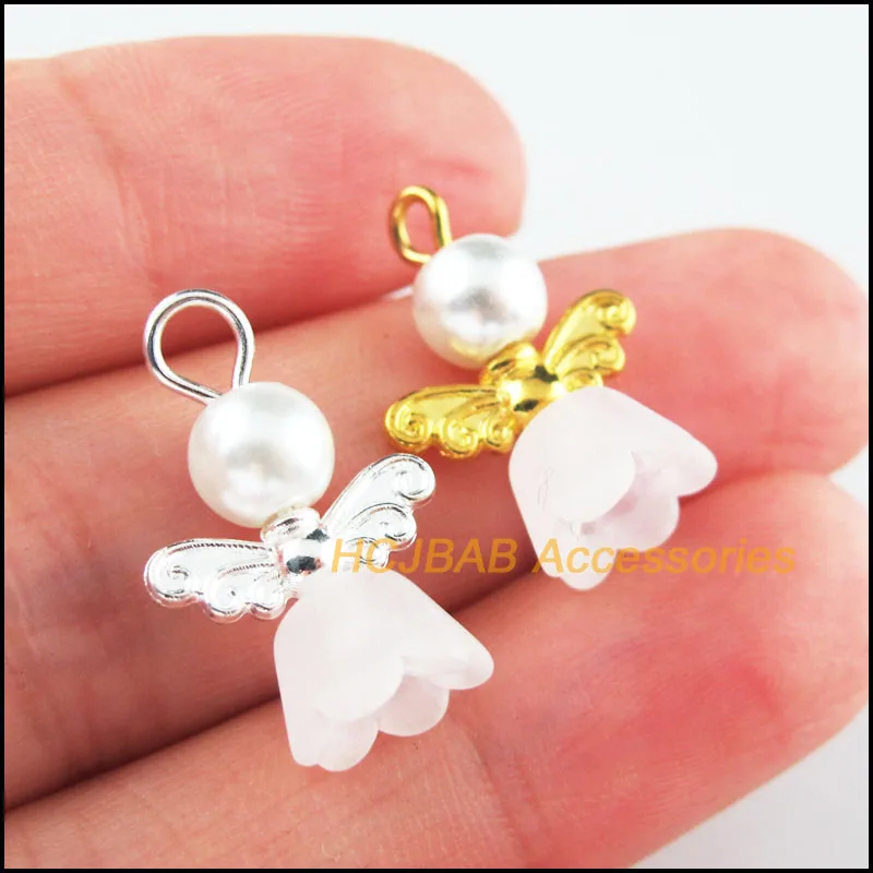 20Pcs Retro Gold Silver Plated White Acrylic Angel Charms Pendants 14x19mm