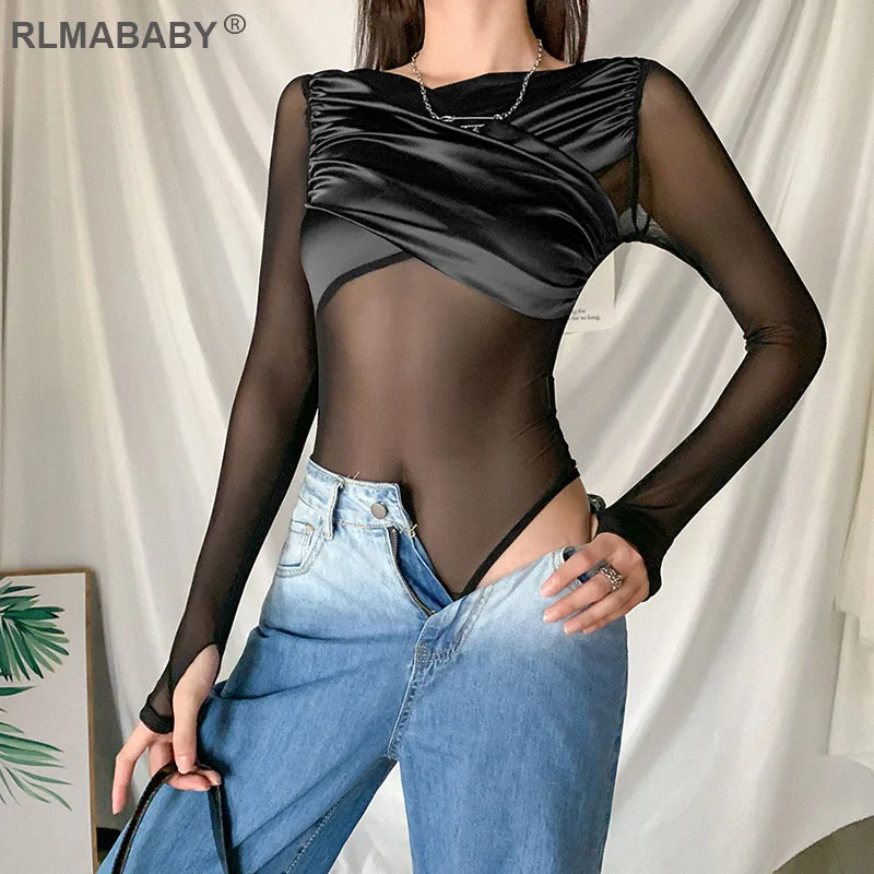 

RLMABABY Sexy Patchwork Transparent Women Bodysuit Skinny O Neck Long Sleeve Romper Playsuit Autumn Winter Fashion Mesh Bodysuit