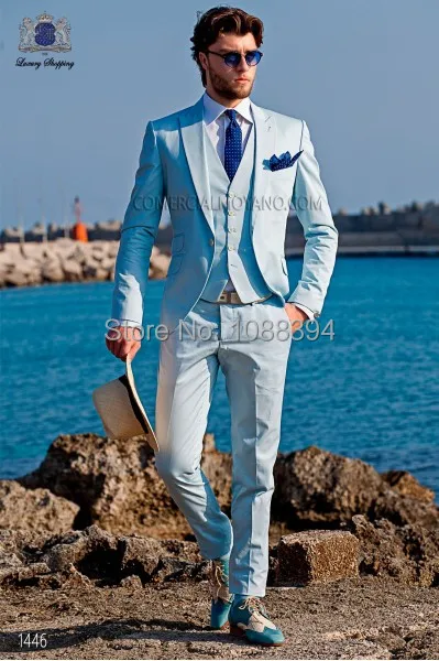 

Custom Made Spring Casual 3 Piece Men Suits Light Blue Business Suit Beach Wedding Suits For Men Groom Tuxedos Best Man Blazer