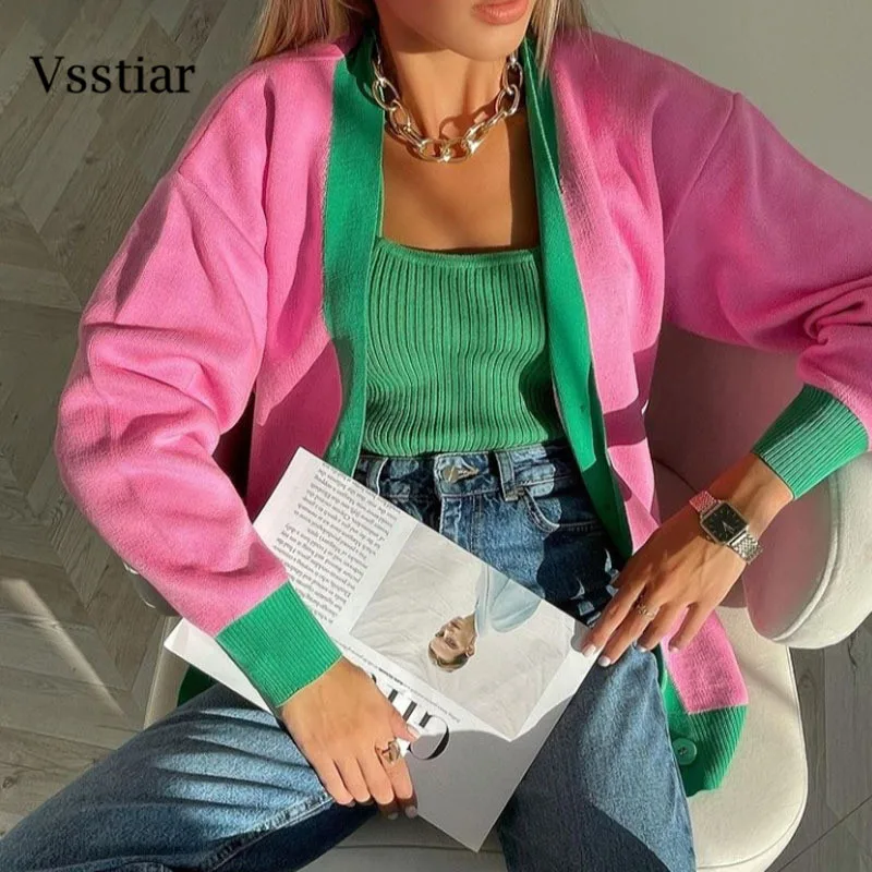 Vsstiar-suéter de gran tamaño para mujer, cárdigan holgado de manga larga con cuello en V, Jersey informal de punto negro, Otoño e Invierno