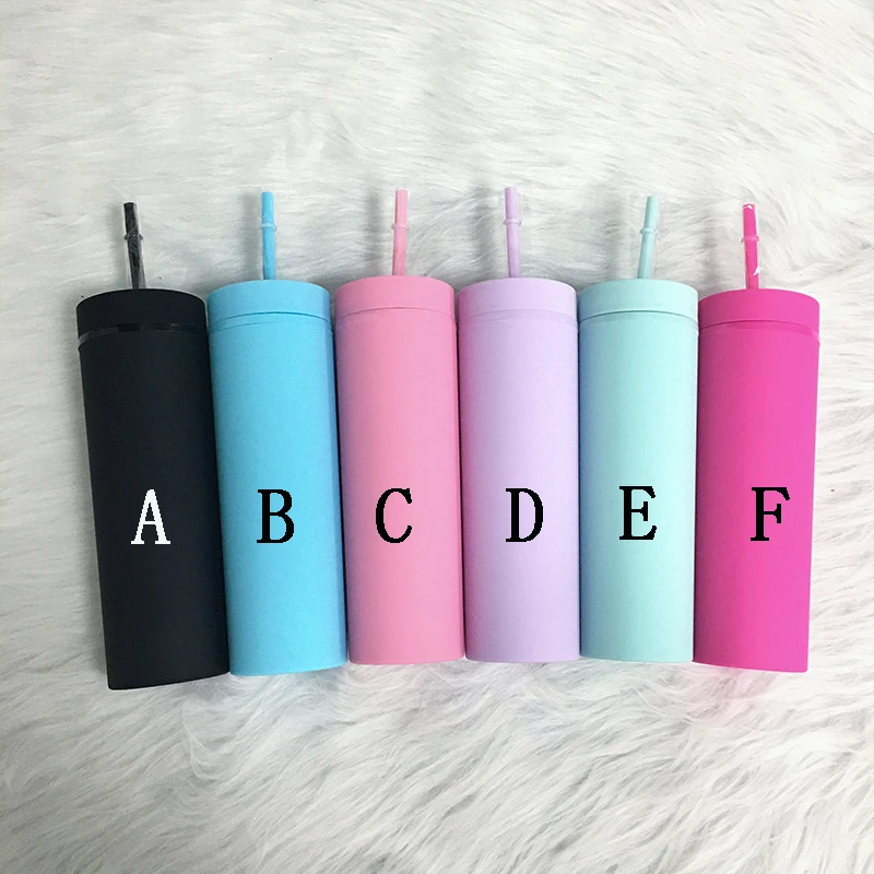 25pcs/Lot Plastic 16oz Skinny Tumbler Water Bottle Matte Printing Macron Colors With Lid Straw Juice Cup For Father's Gift