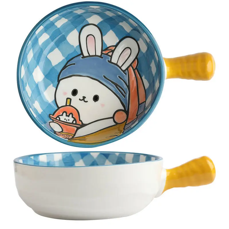 

Cartoon Handle Bowl Household Fruit Salad Bowl Tableware Cute Plate with Handle Noodle Bowl Ceramic Baking Bowl Dessert Plate