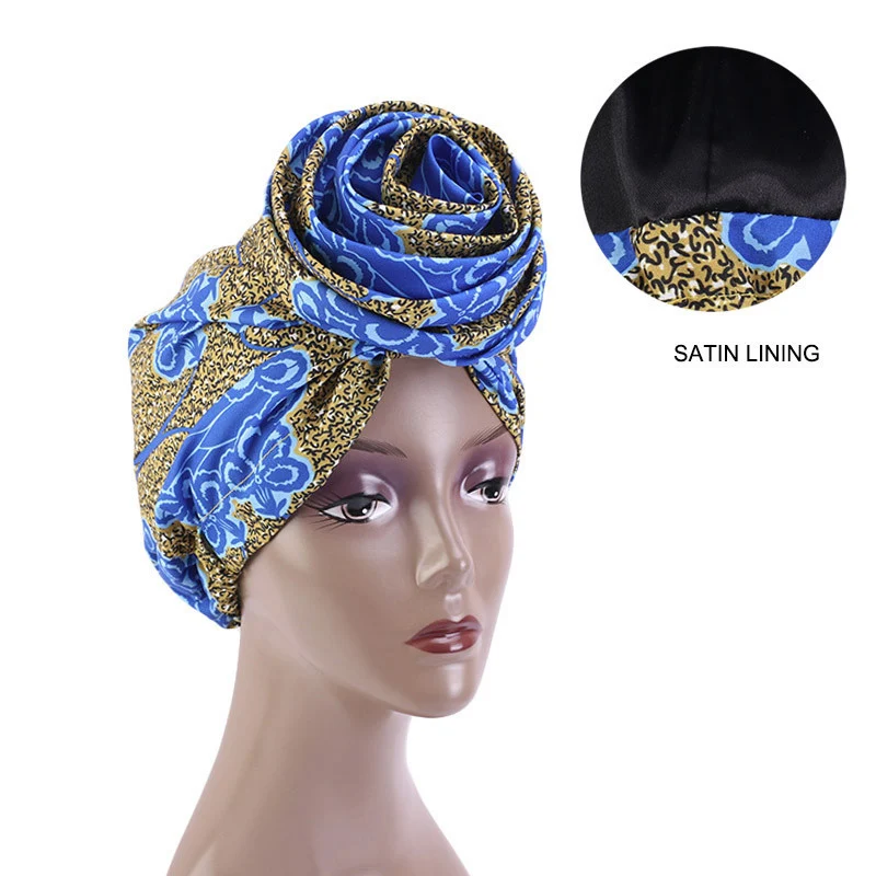 Boné de turbante forrado cetim feminino, flor grande, chapéu africano, envoltório estampado floral, lenço muçulmano, gorros femininos