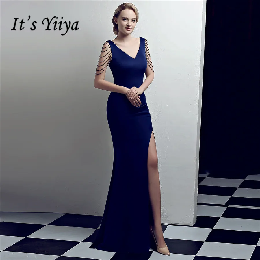 

Navy Blue Abendkleider It's Yiiya DX322 Backless Floor-Length Evening Dress 2020 Beading Sleeveless V-Neck Robe De Soiree