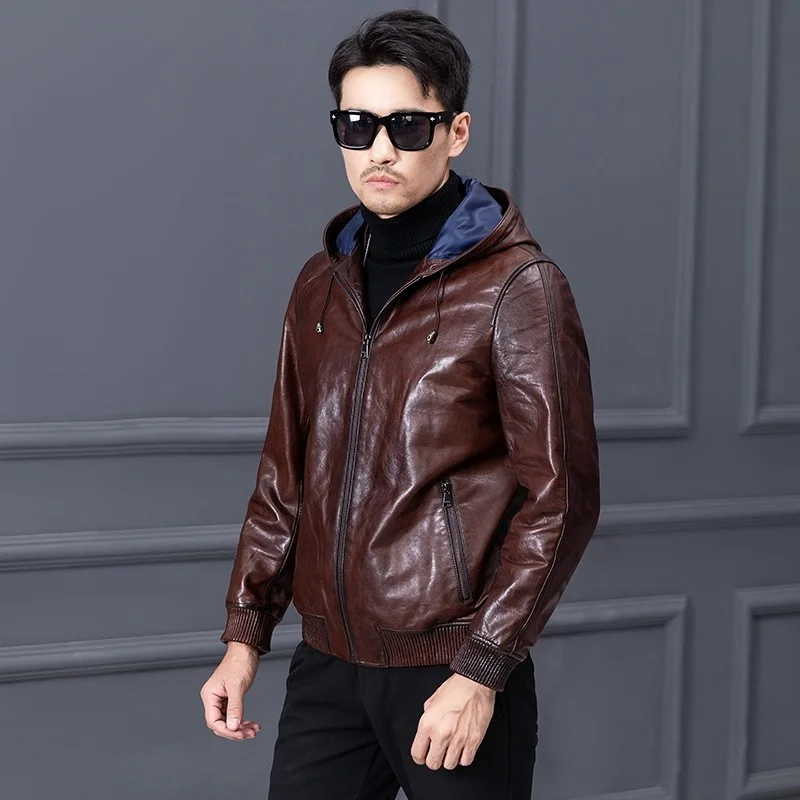 Brown Vintage Mens Genuine Leather Jacket New Autumn Winter Loose Fit Oil Wax Cowhide Coat Male Casual Zipper Hooded Jackets