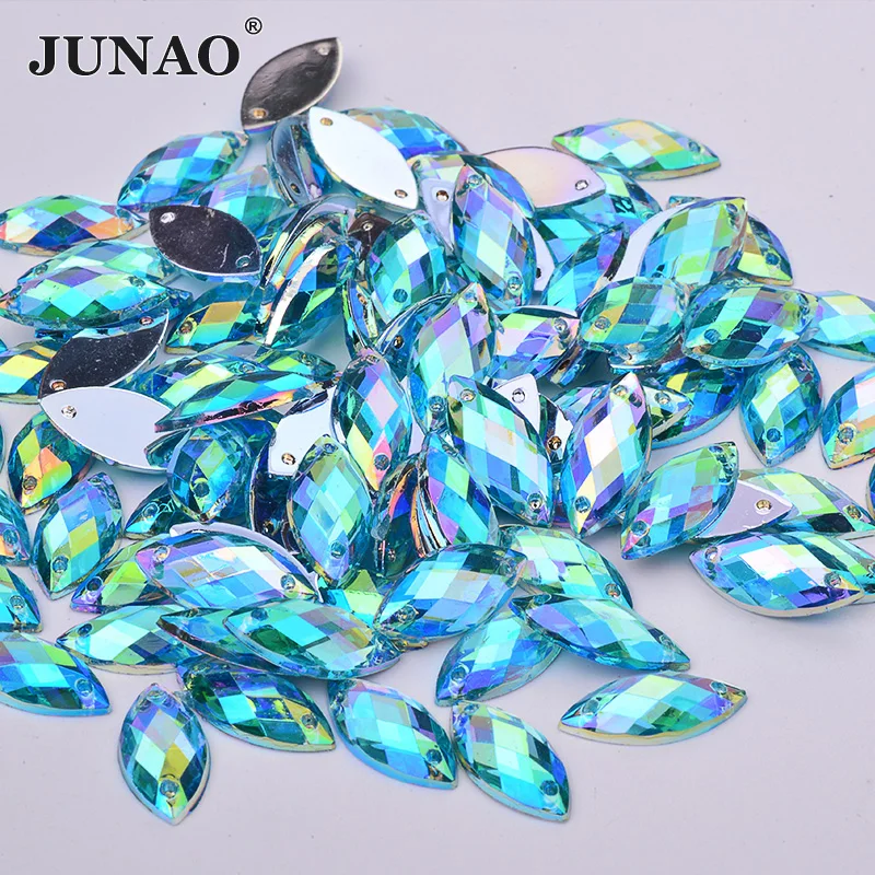 JUNAO 100pc 7*15mm Pink AB Sewing Rhinestones Flat Back Horse Eye Sew On Strass Crystal Loose Acrylic Bead Stone For Needlework