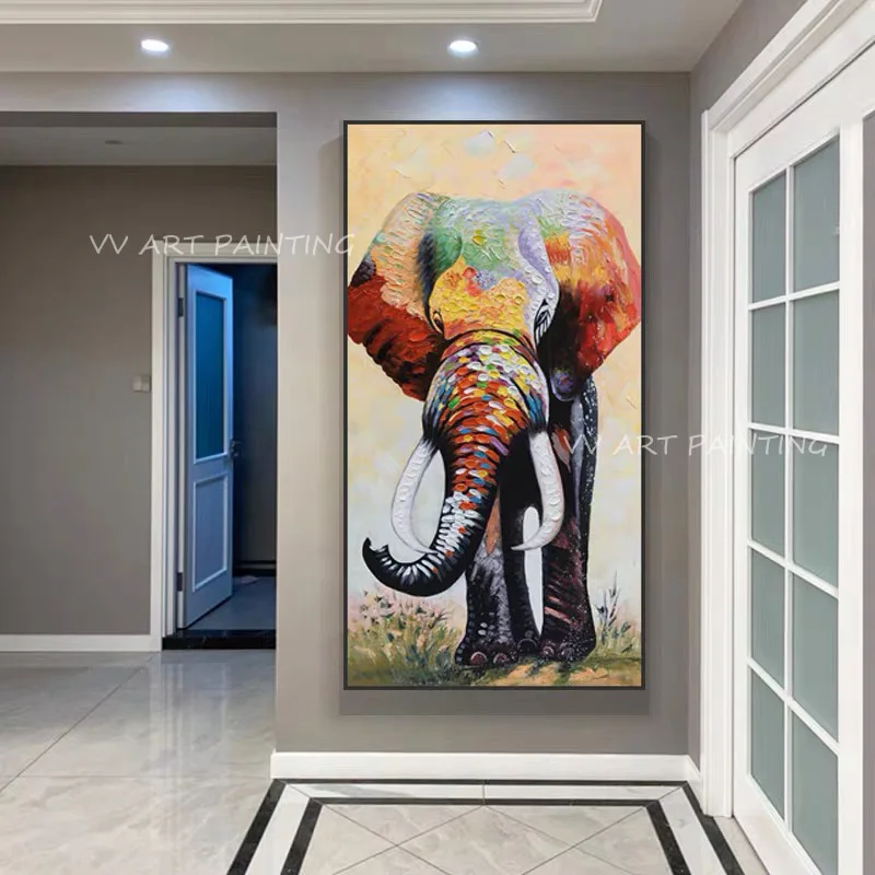 

Colorful Elephant Big Size Animal 100% Handmade Modern Abstract Oil Painting Modern Picture for Living Room Aisle Fashion Decor