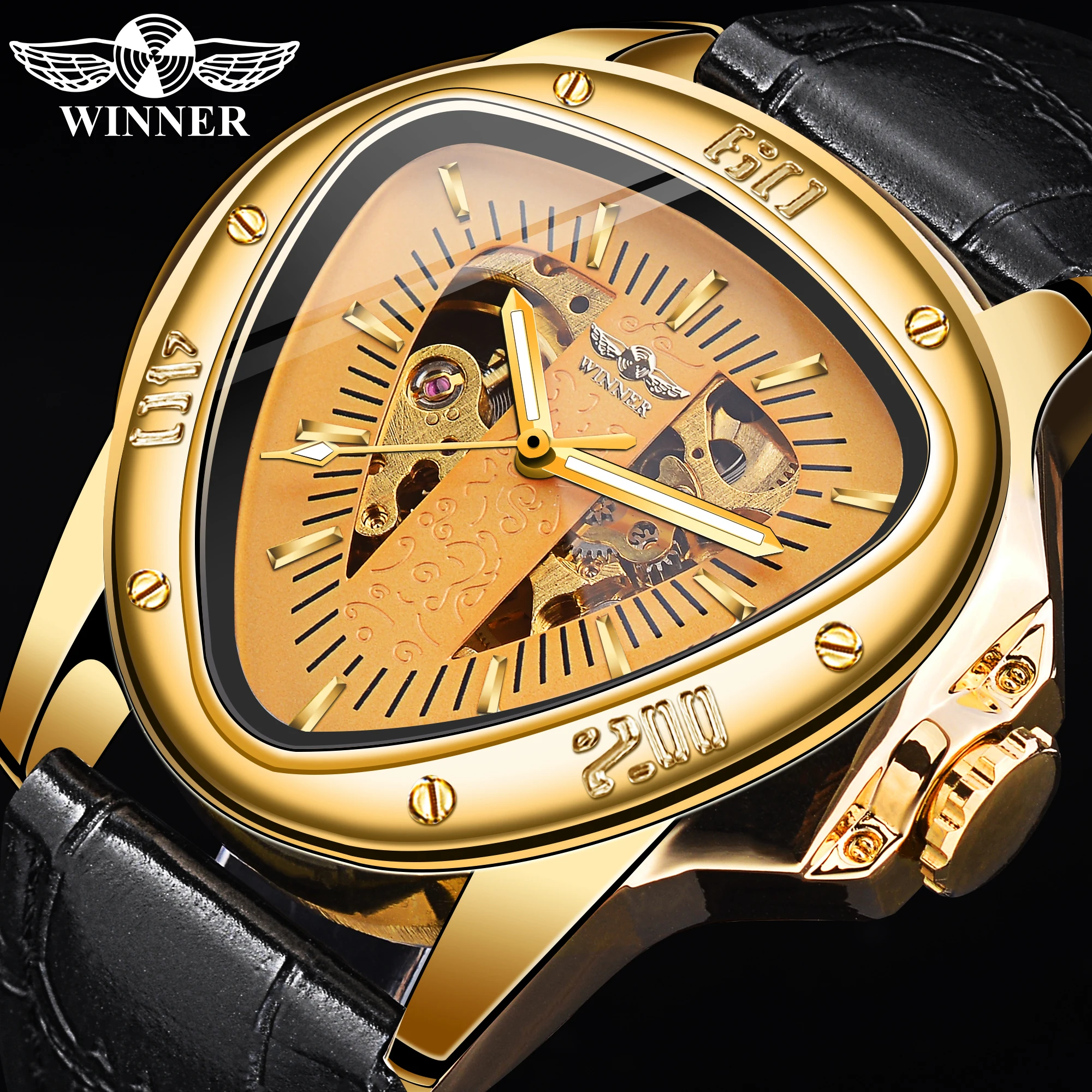 Winner Luxury Skeleton Triangle Watch Men Gold Dial Automatic Mechanical Wrist Watches Black Strap Mens Clock Irregular Montre