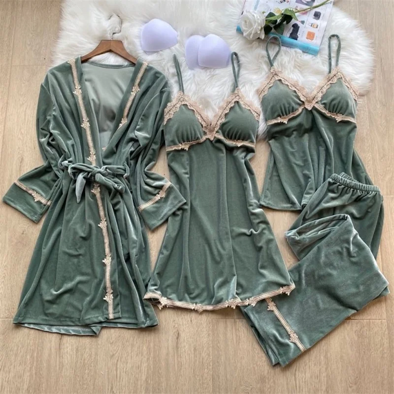 Winter Home Velour 4Pcs Pajamas Set Women Velvet Long Sleeve Warm Nightwear Robe Nightdress Clothing Lingerie with Chest Pads