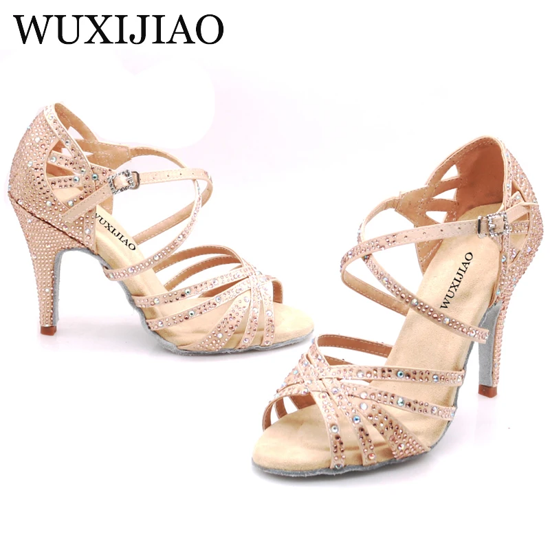 WUXIJIAO-zapatos de tacón alto para mujer, zapatillas de baile latino con diamantes de imitación, Jazz